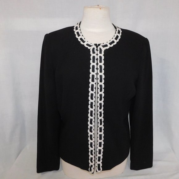 Bob Mackie Jackets & Blazers - Bob Mackie Studio Womens 10 Black Open Lined Blazer with White braided Trim